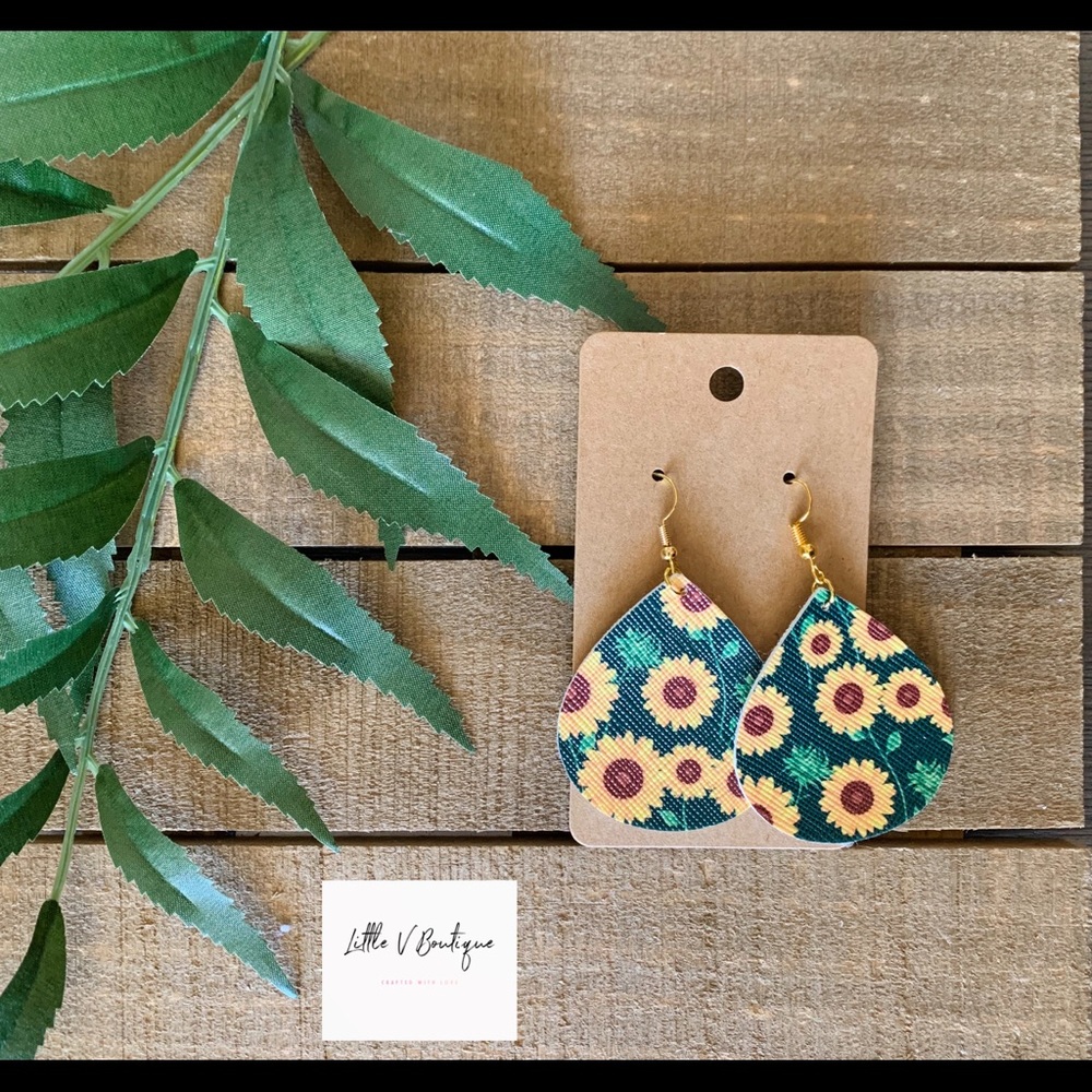 Green Sunflower Faux Leather Earrings